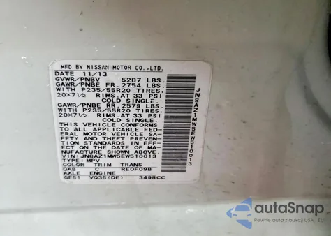 2014 Nissan Murano S z USA, uszkodzony, nr VIN JN8AZ1MW5EW510013